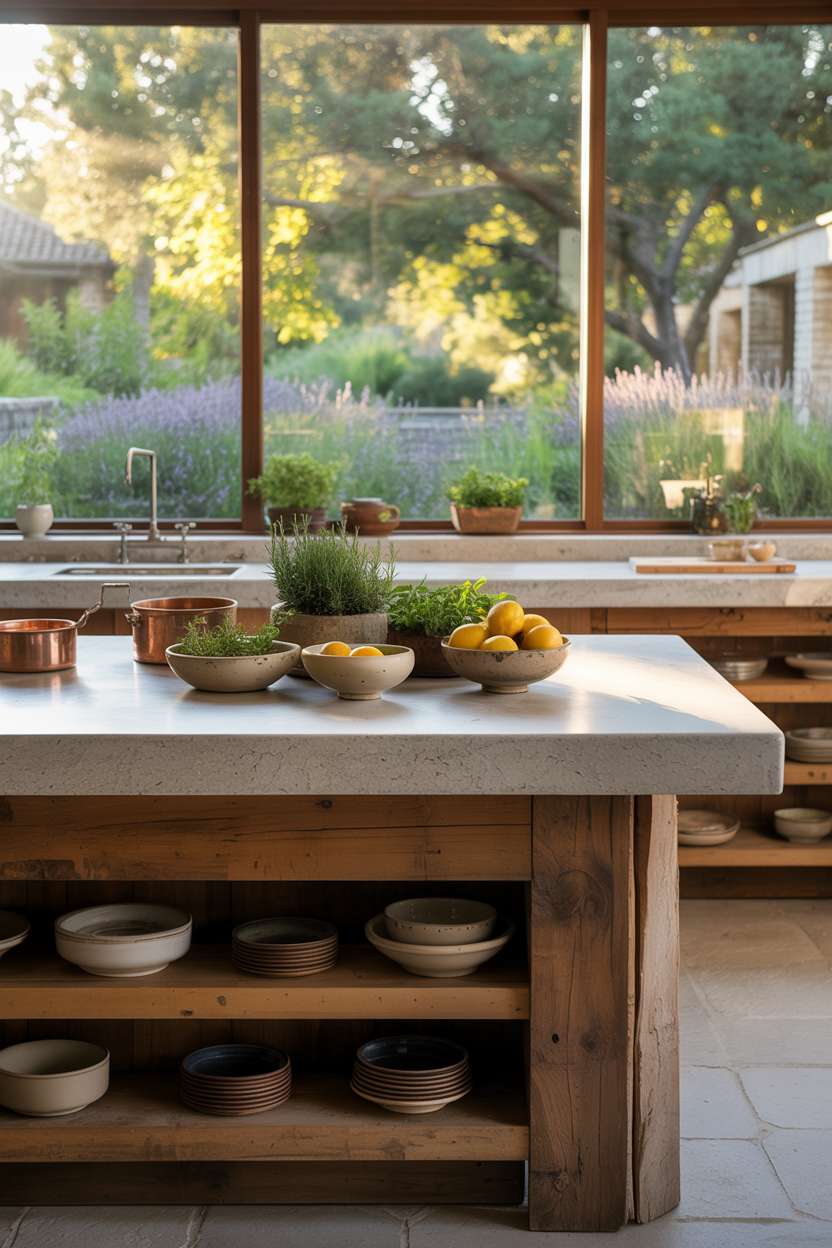 Spacious earthy kitchen with reclaimed wood island and herb garden view