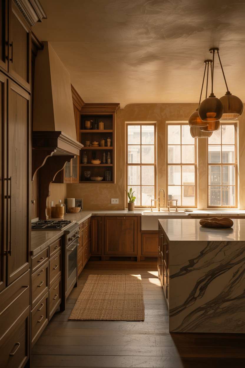Wide view earthy kitchen with dark wood cabinetry and marble island with brass accents