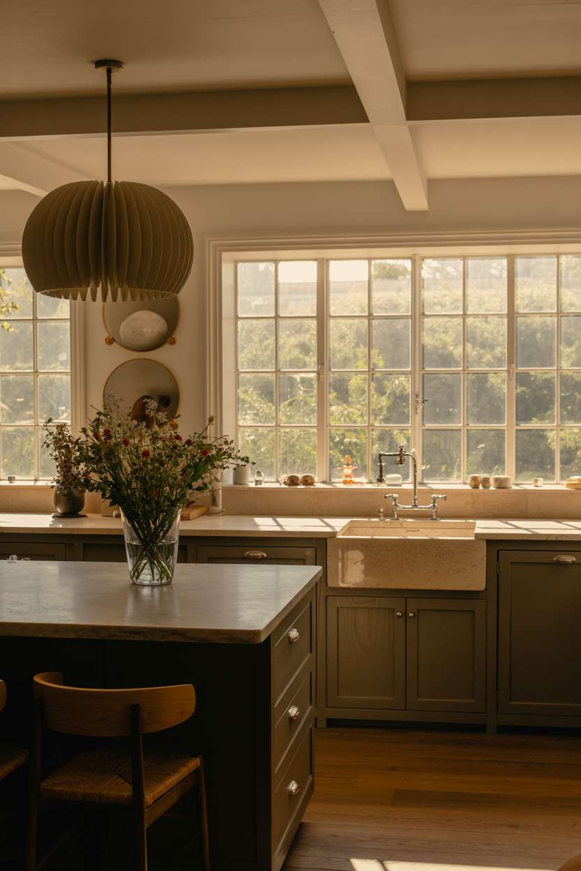 Spacious earthy kitchen with dark wood cabinets and mid-century pendant lamp