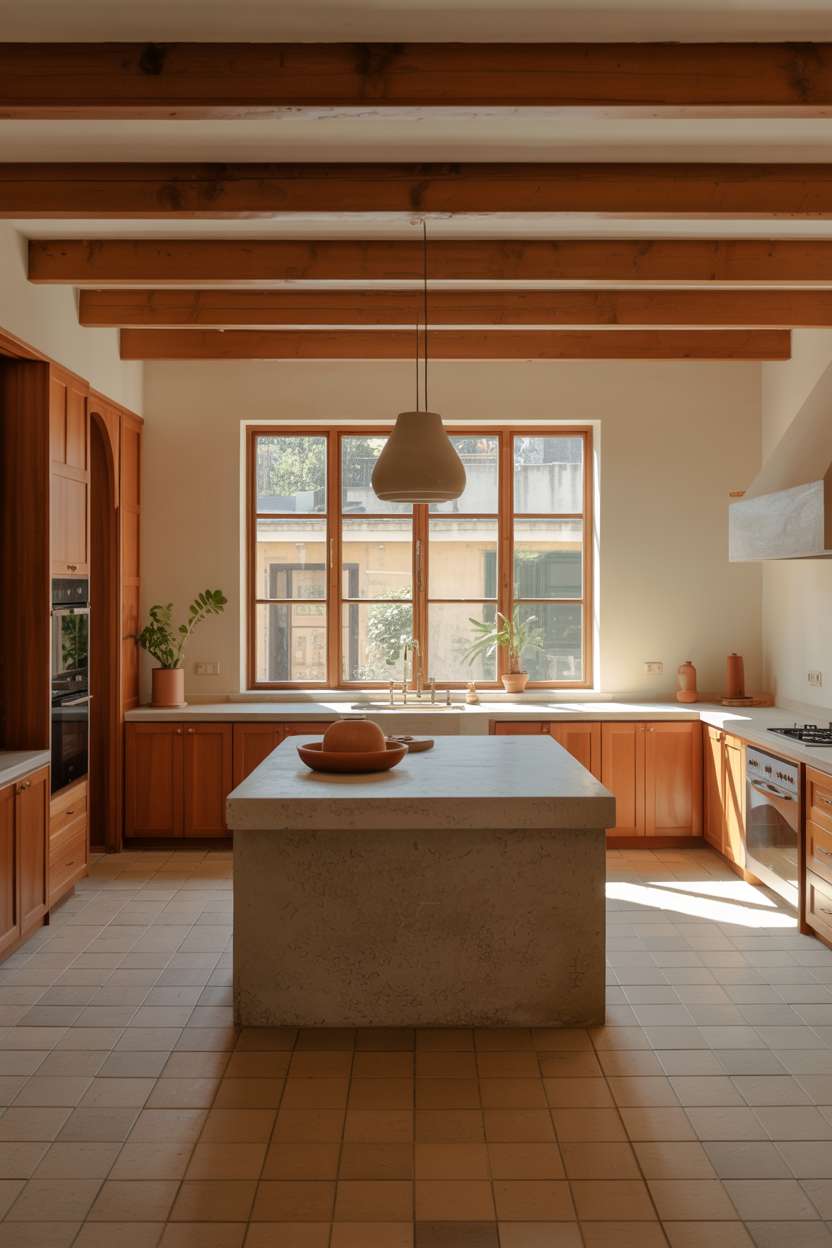 Spacious earthy kitchen with stone island and brushed concrete finish