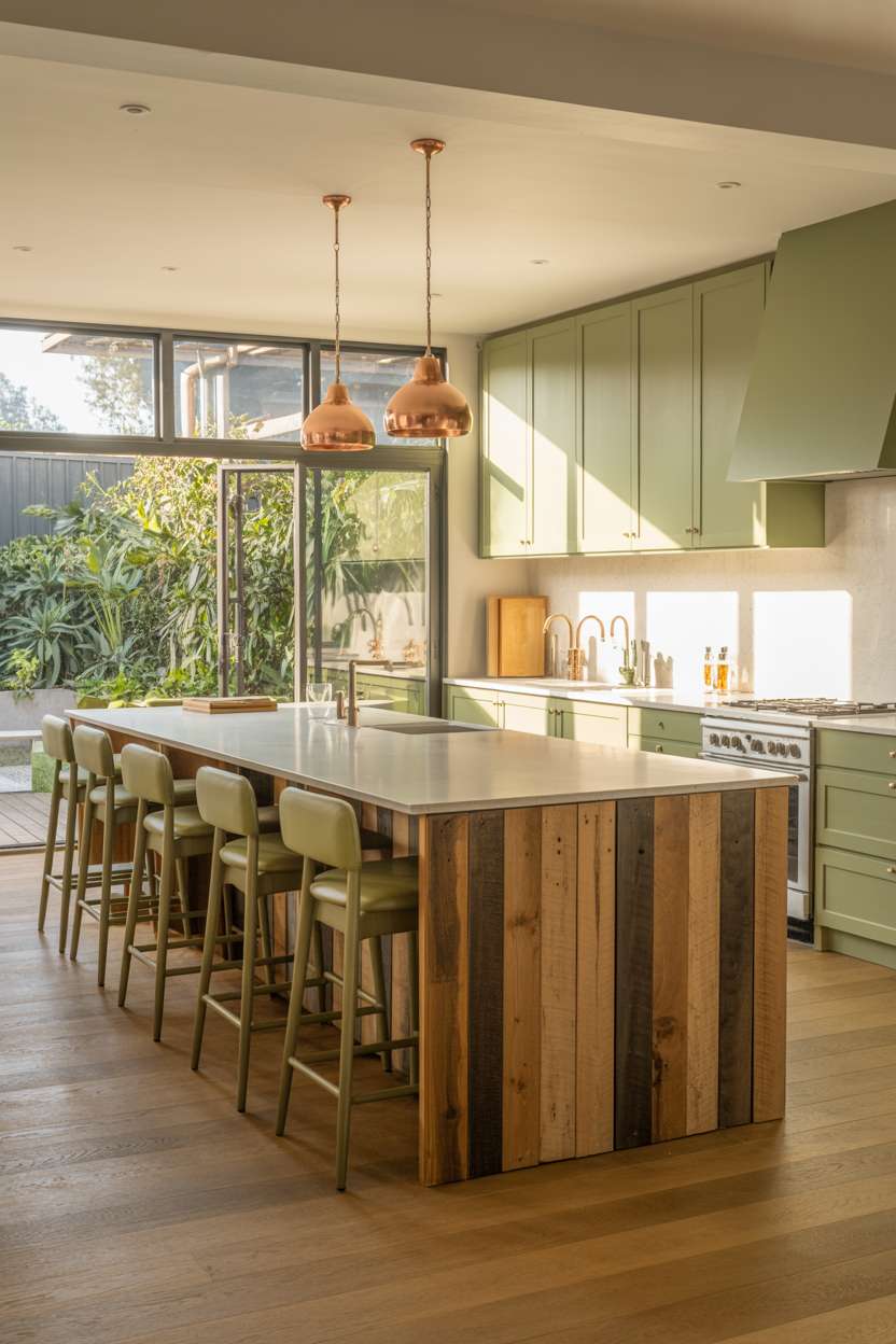 Modern earthy kitchen with reclaimed wood island and olive green fabric bar stools