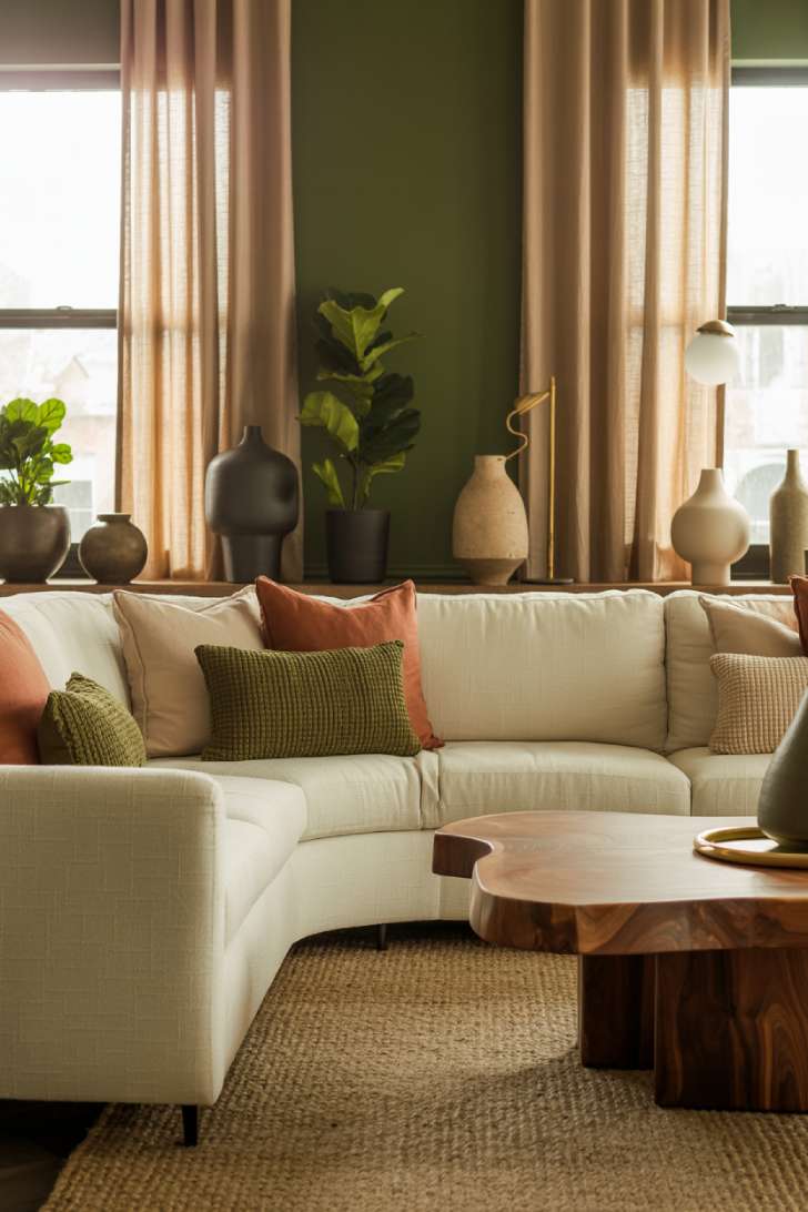 Modern living room with cream sectional sofa, forest green accent wall, and natural sunlight filtering through floor-to-ceiling windows