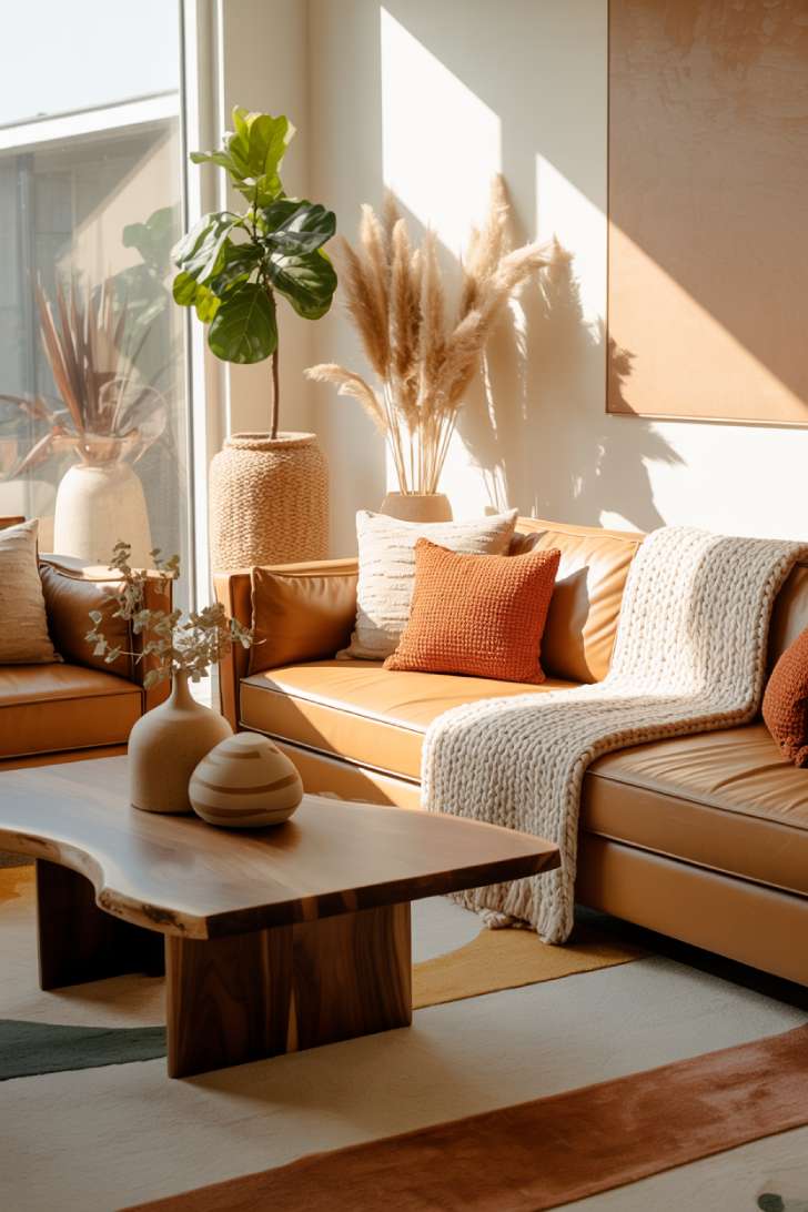 Modern living room with camel sectional sofa, chunky knit throws, live-edge coffee table, and warm afternoon sunlight