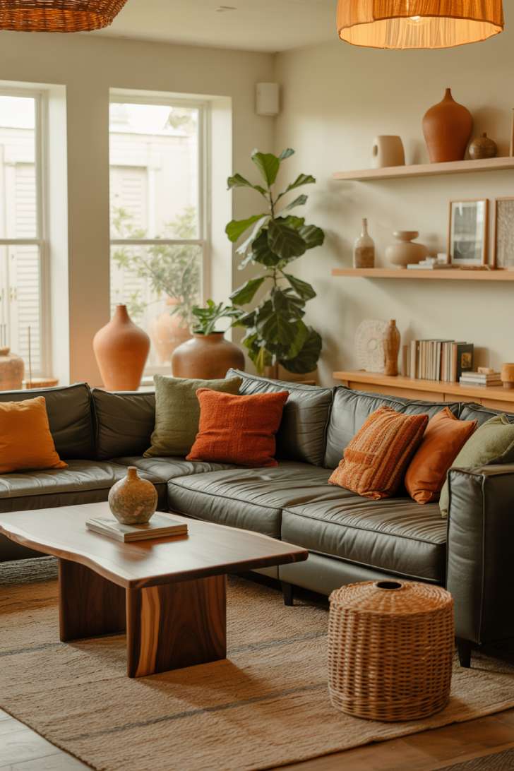 Stylish living room with charcoal gray sectional, rust and sage throw pillows, floating wooden shelves, and rattan pendant lights