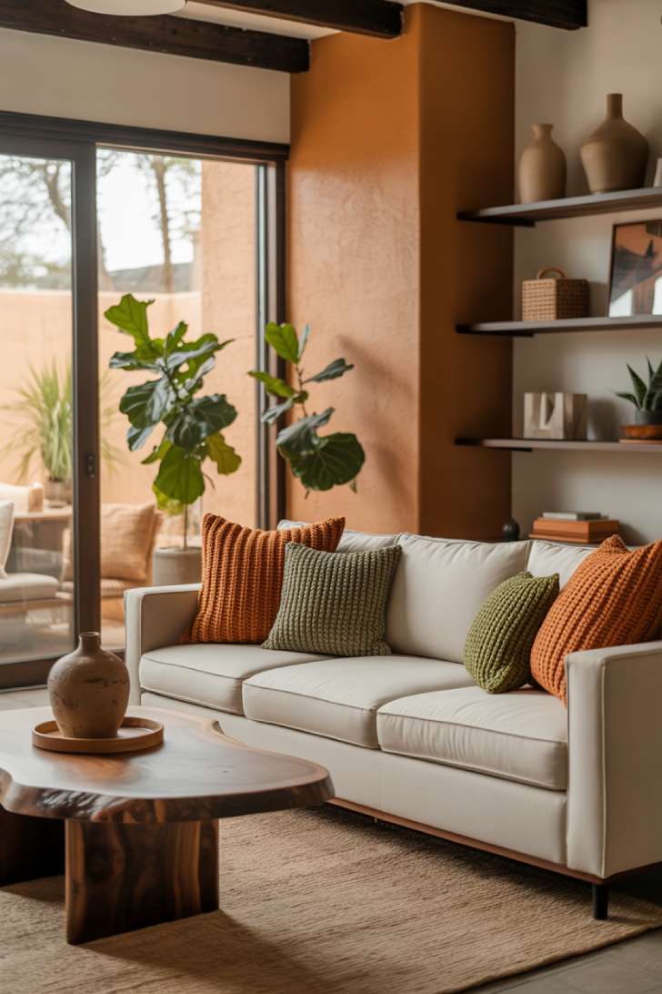 Modern living room showcasing cream sectional, warm clay accent wall, exposed wooden beams, and floor-to-ceiling windows
