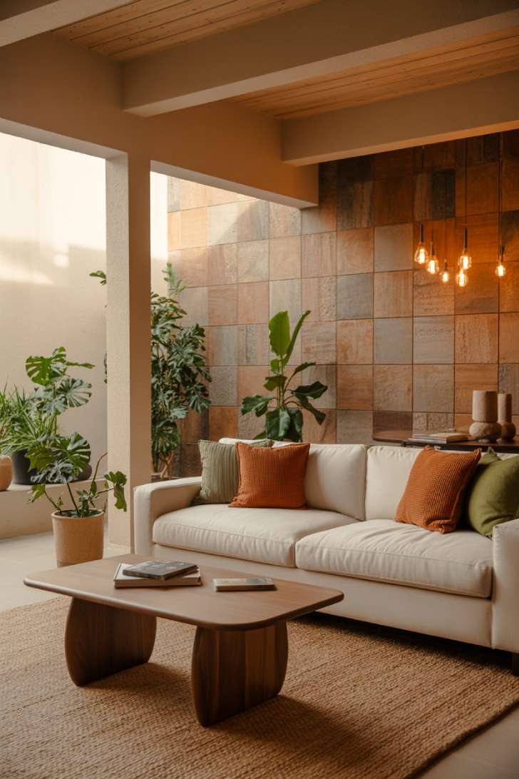 Contemporary living room with cream sectional, curved walnut coffee table, natural stone accent wall, and abundant greenery