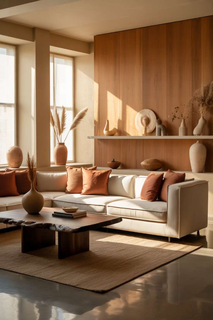 Elegant living room featuring cream sectional, warm oak wood paneling, polished concrete floors, and dried pampas grass arrangements