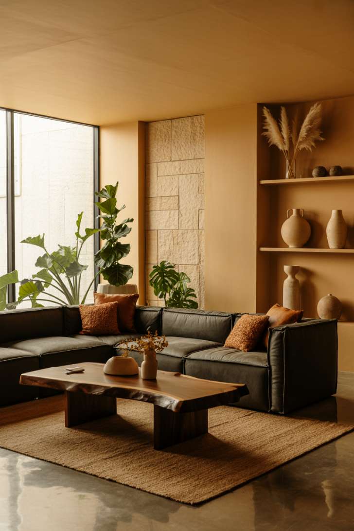 Modern living room with charcoal sectional, natural stone feature wall, built-in shelving, and abundant potted plants