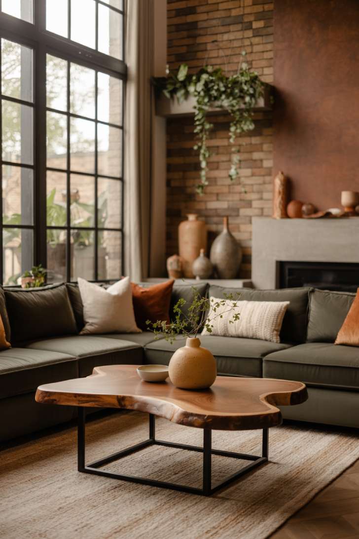 Contemporary living room featuring charcoal sectional, exposed brick accent wall, hanging planters, and minimalist stone fireplace