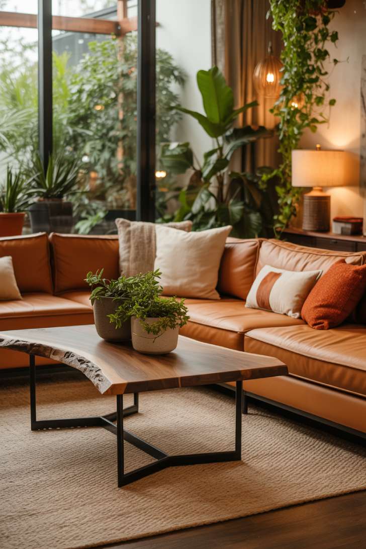 Modern living room showcasing terracotta sectional, live-edge walnut coffee table, floor-to-ceiling windows with garden views, and brass lighting