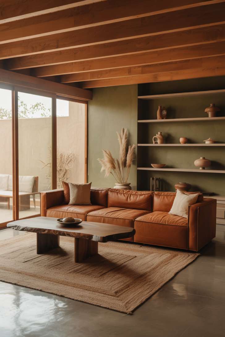 Contemporary living room with terracotta sectional, geometric jute rug, sage green accent wall, and exposed wooden ceiling beams