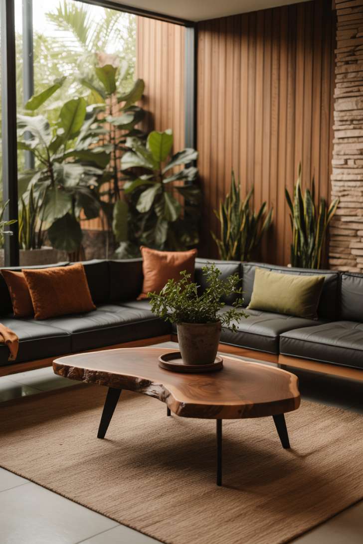 Modern living room with charcoal sectional, live-edge coffee table with black steel legs, floor-to-ceiling windows, and abundant potted plants