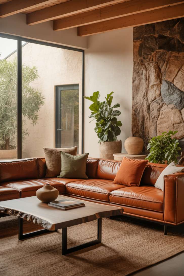 Stylish living room featuring terracotta leather sectional, natural stone accent wall, exposed ceiling beams, and trailing plants