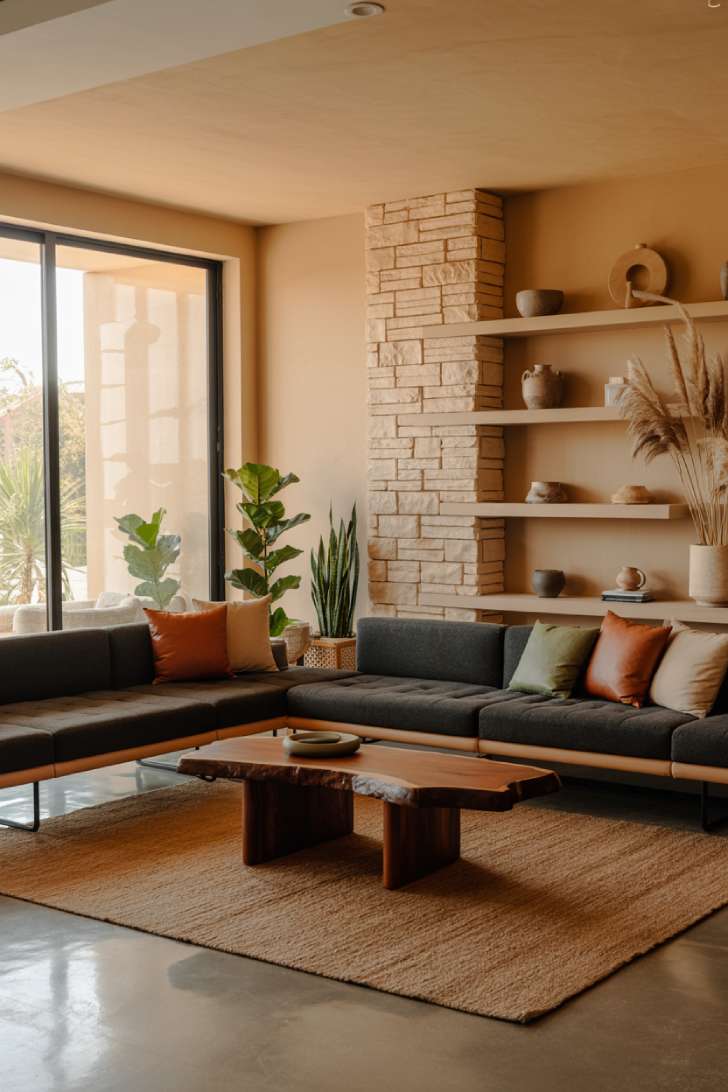 Contemporary living room with charcoal sectional, natural stone wall, floating shelves with pottery, and large jute area rug