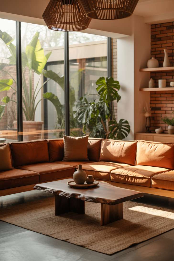 Modern living room with terracotta sectional, exposed brick walls, floating wooden shelves, and natural rattan pendant lights