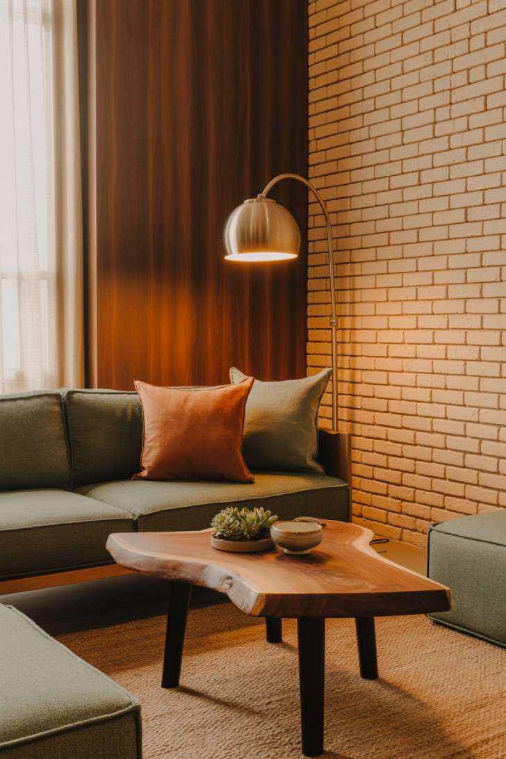 Compact living room featuring charcoal linen sofa, cream-painted exposed brick, live-edge coffee table, and brass arc floor lamp