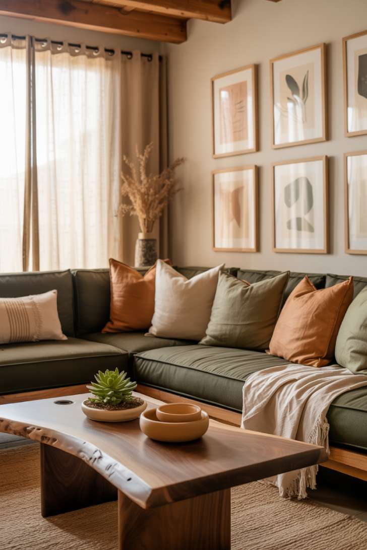 Modern compact living room with charcoal sectional, botanical print gallery wall, live-edge coffee table, and exposed ceiling beams