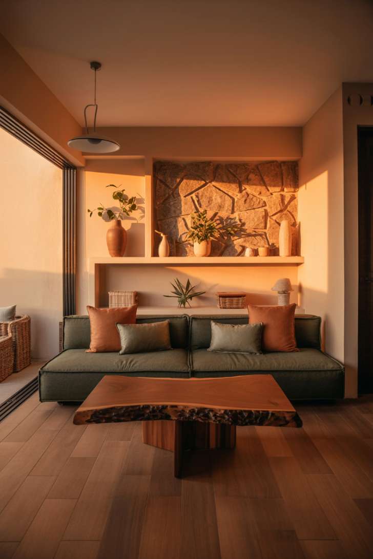 Small living room with charcoal sectional, textured clay plaster wall, built-in shelving, and warm pendant lighting