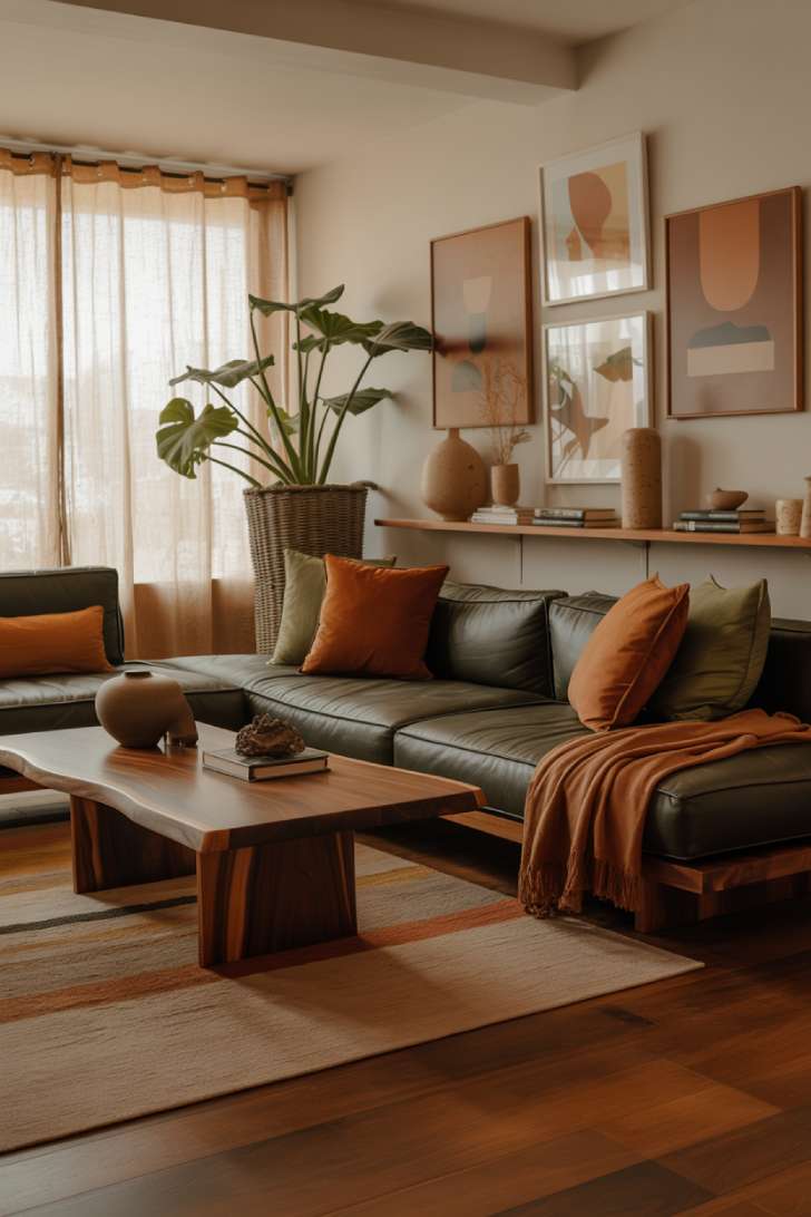 Compact modern living room featuring charcoal sectional, earth-tone abstract art gallery wall, corner monstera plant, and sheer curtains