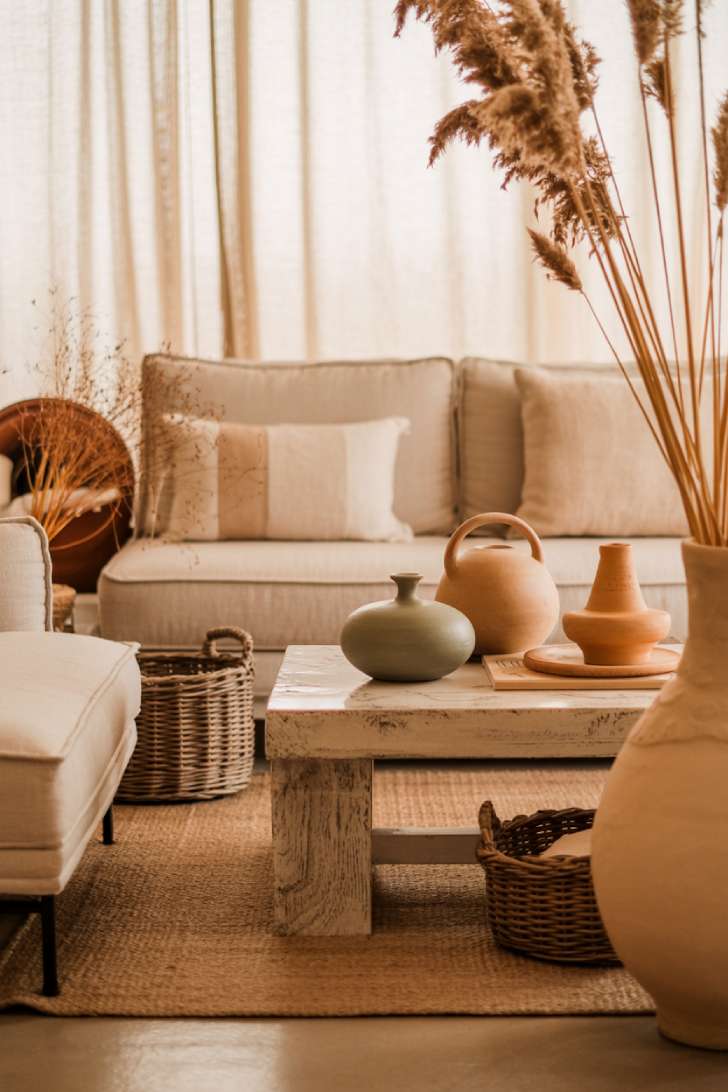 Warm earthy living room with beige linen sofa and jute rug