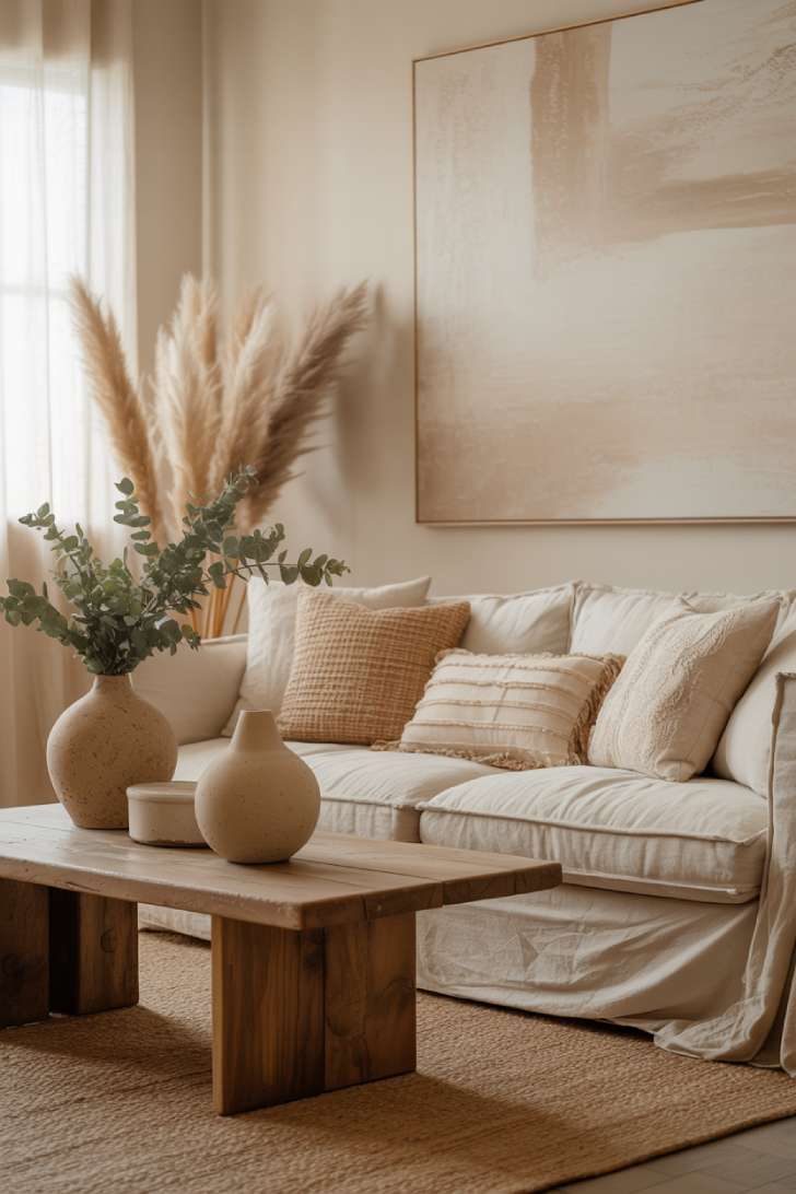 Serene living room with abstract artwork and natural accents