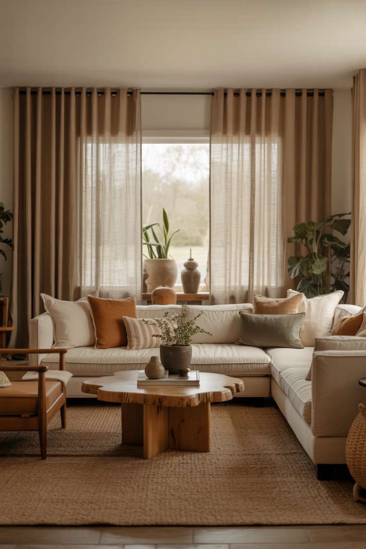 Cream sectional with floor-to-ceiling windows and linen curtains