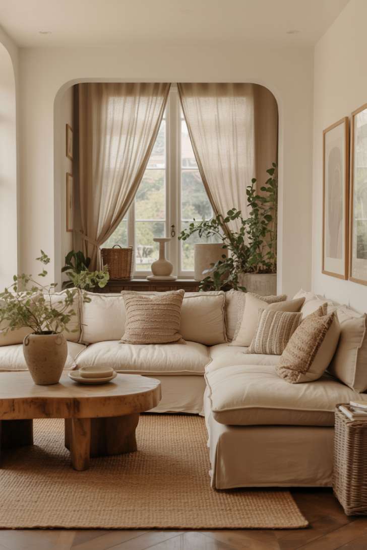 Elegant living room with reclaimed wood and minimalist artwork
