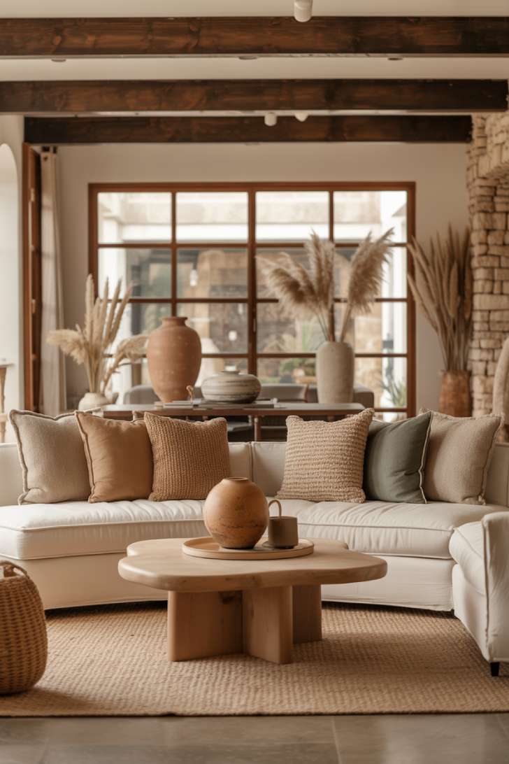Living room with exposed wooden beams and stone accent wall