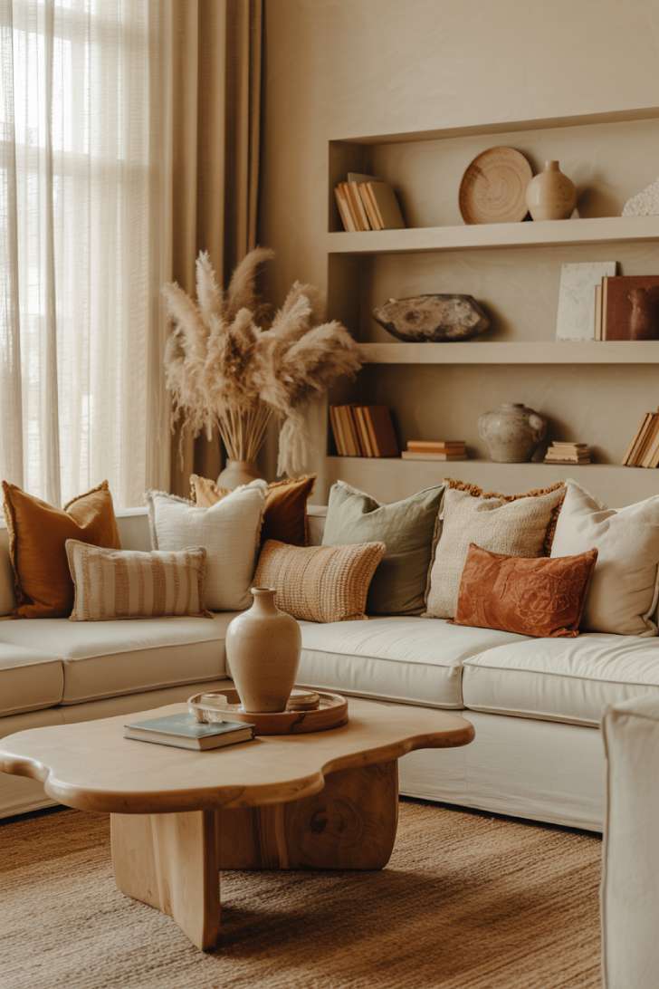 Living room with built-in shelving and natural light