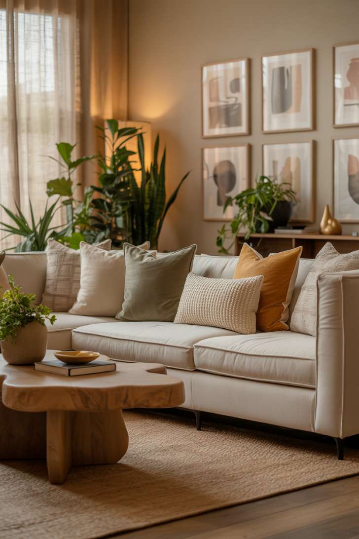 Living room with curated art gallery and plants