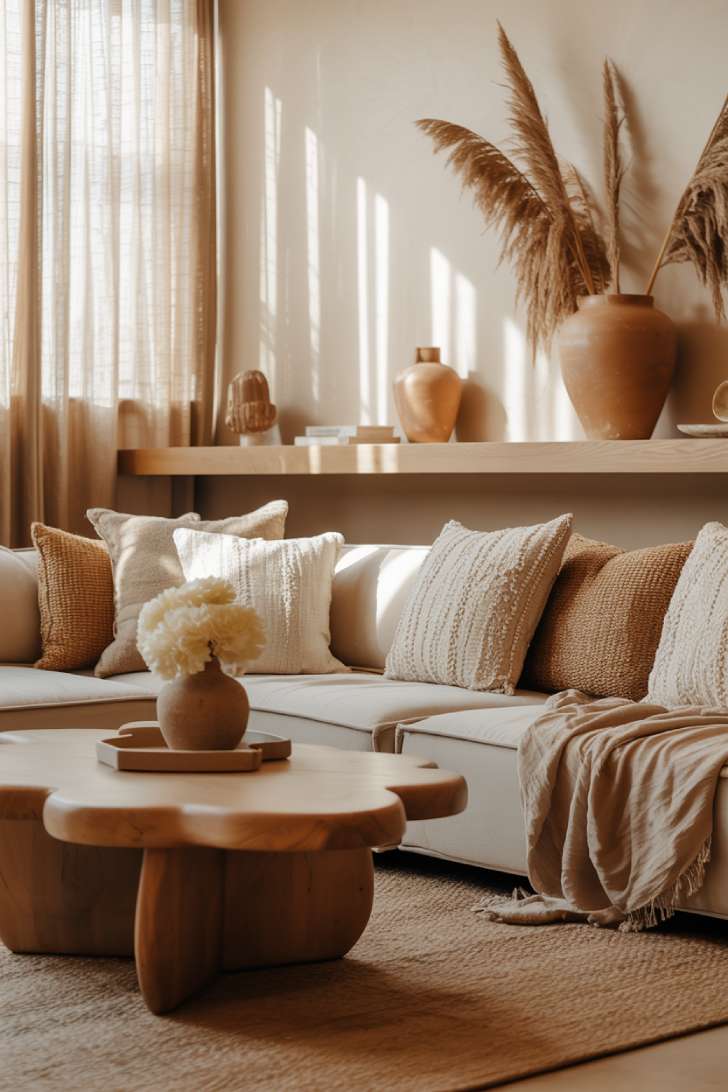 Living room with layered textures and floating oak shelves