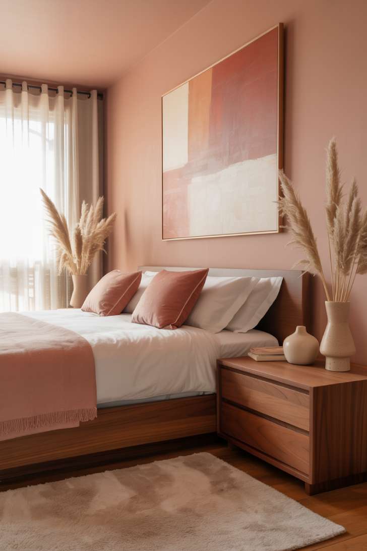 Modern bedroom with warm pink walls, platform bed with white linens, and abstract terracotta artwork