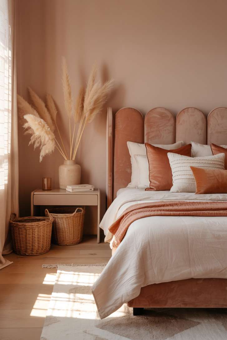 Bedroom featuring dusty rose velvet headboard, white linens, and woven baskets beside wooden nightstand