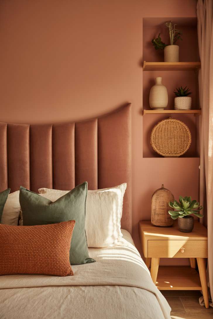 Bedroom with terracotta pink walls, velvet headboard, and sage green throw pillows