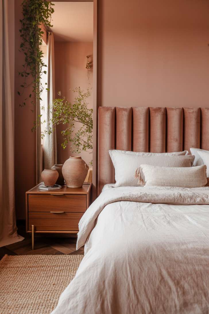 Bedroom with pink walls, velvet headboard, brass hardware, and trailing plants