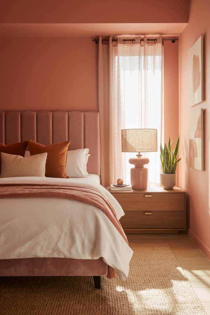 Full bedroom view with dusty rose headboard, terracotta pillows, jute rug, and ceramic table lamp