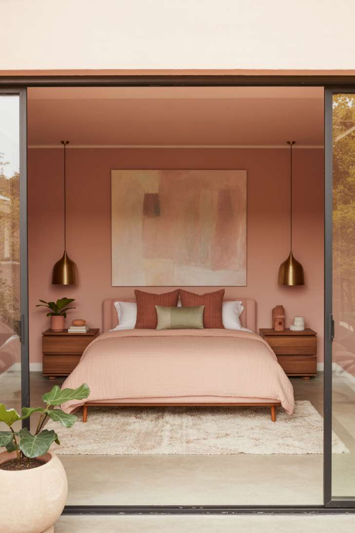 Contemporary bedroom with platform bed, symmetrical brass pendant lights, and large abstract painting