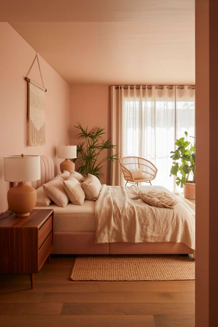 Modern bedroom with blush upholstered bed, macrame wall hanging, and rattan accent chair