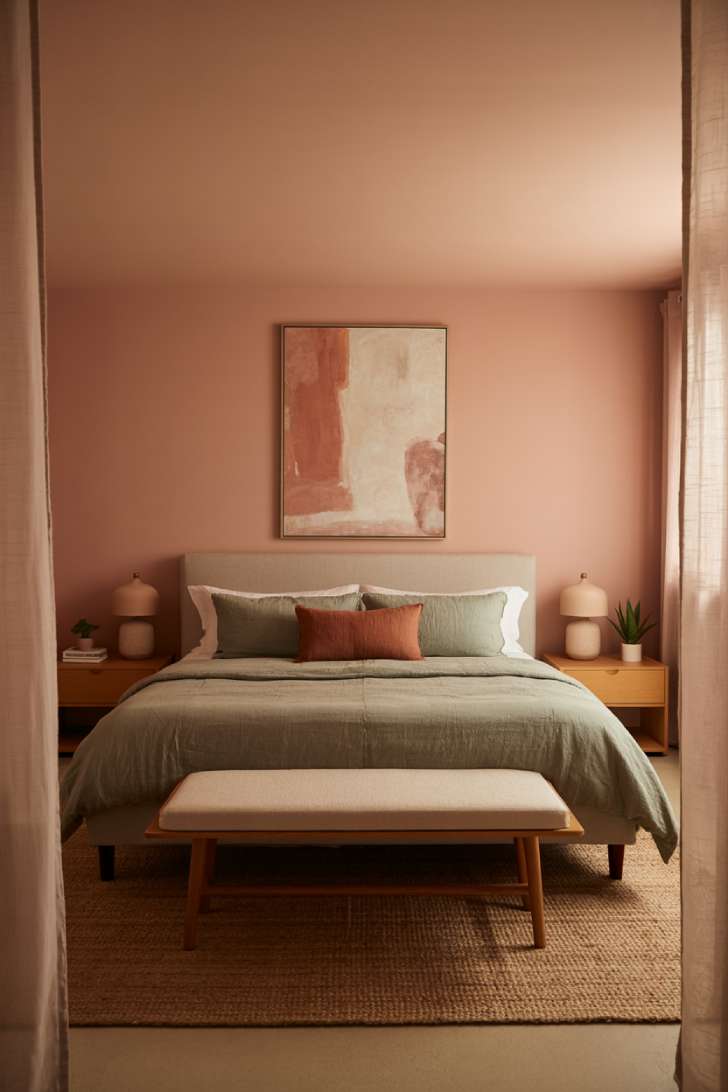 Bedroom with pink walls, sage green linen bedding, and terracotta throw pillows
