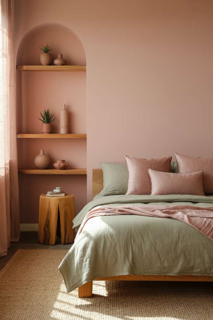 Cozy bedroom with low platform bed, sage green bedding, and live-edge nightstand