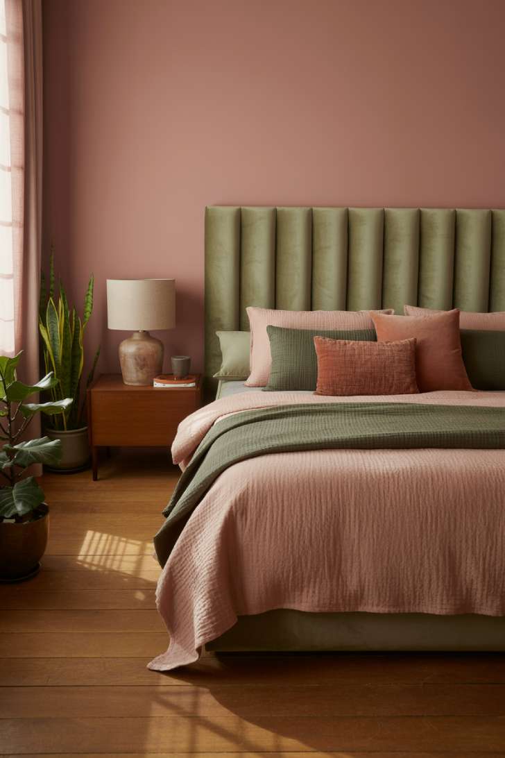 Bedroom with pink accent wall, sage green velvet headboard, and layered linens