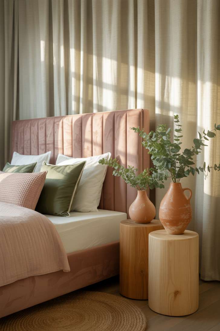 Bedroom with blush pink headboard, sage green pillows, and fresh eucalyptus in terracotta vases