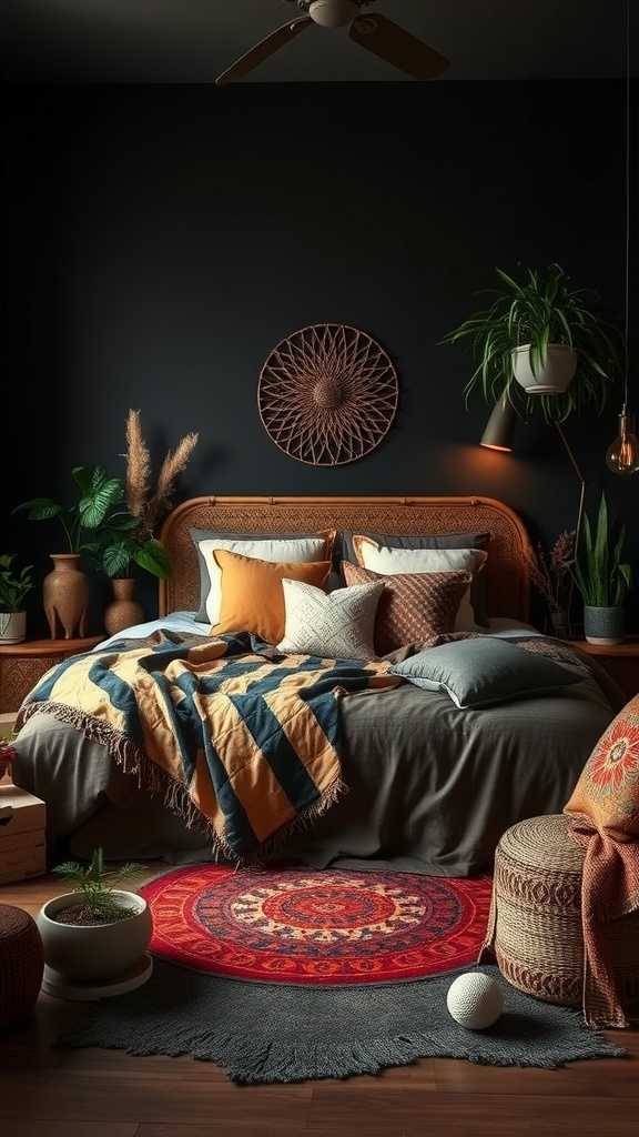 A dark boho bedroom featuring earthy color accents with plants, patterned textiles, and warm lighting.