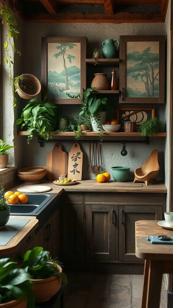 A cozy kitchen featuring earthy color accents with plants and wooden shelves.