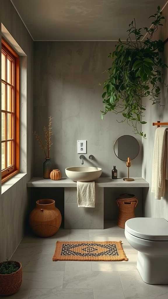 A serene wabi-sabi bathroom featuring earthy tones and natural elements.