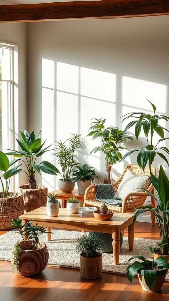 A cozy Japandi style living room with various indoor plants arranged beautifully.