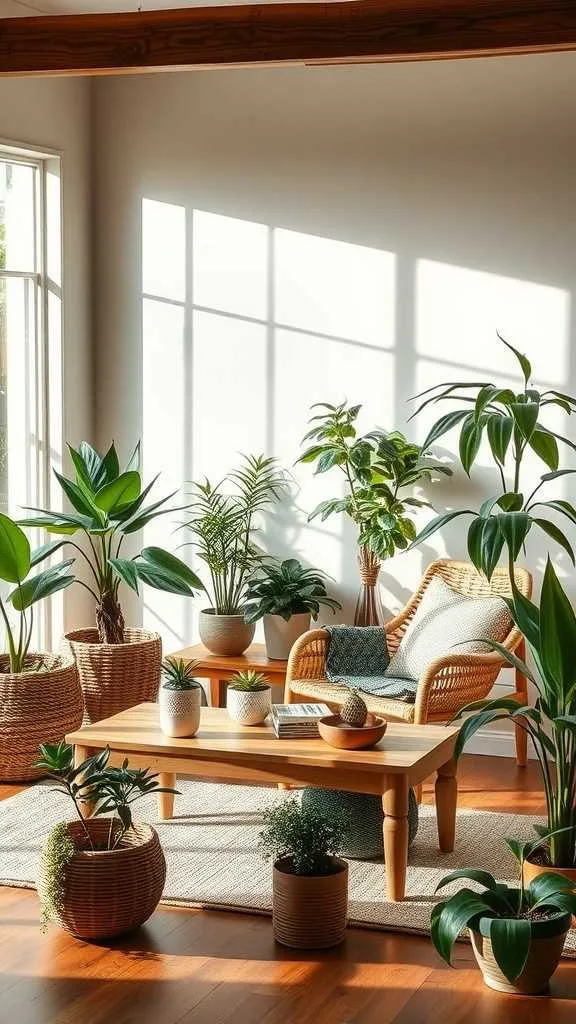 21 Japandi Living Room Design Ideas for a Cozy, Stylish Home 13 A cozy Japandi style living room with various indoor plants arranged beautifully.