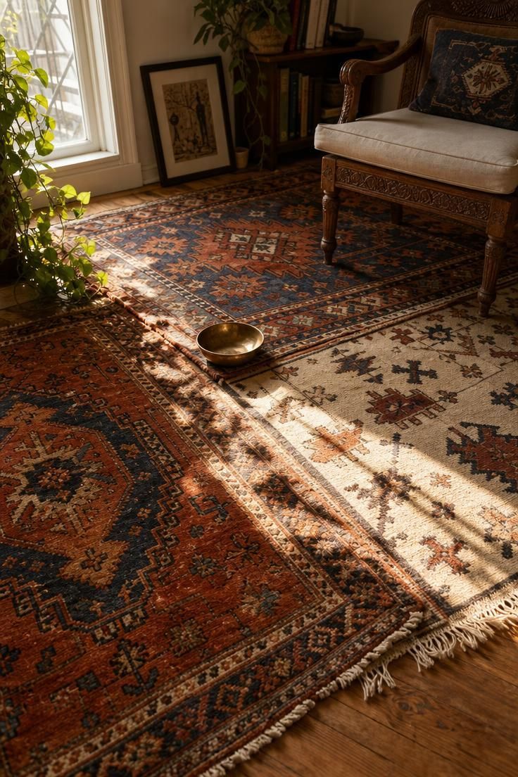 11 Ways to Design a Cozy, Personal Eclectic Apartment 1 Overlapping vintage kilim rugs in rust, indigo, and cream with a brass bowl resting on the layered edges in warm golden light.