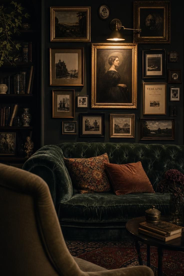 11 Ways to Design a Cozy, Personal Eclectic Apartment 2 Emerald velvet high-back sofa with a salon-style gallery wall of mismatched frames and a brass swing-arm sconce casting warm light.