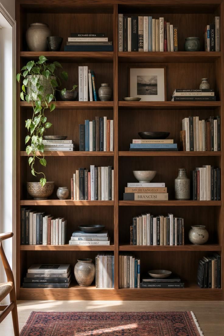 11 Ways to Design a Cozy, Personal Eclectic Apartment 3 Wall of open walnut shelving with horizontal and vertical book stacks, stoneware vessels, and a trailing pothos vine in bright daylight.